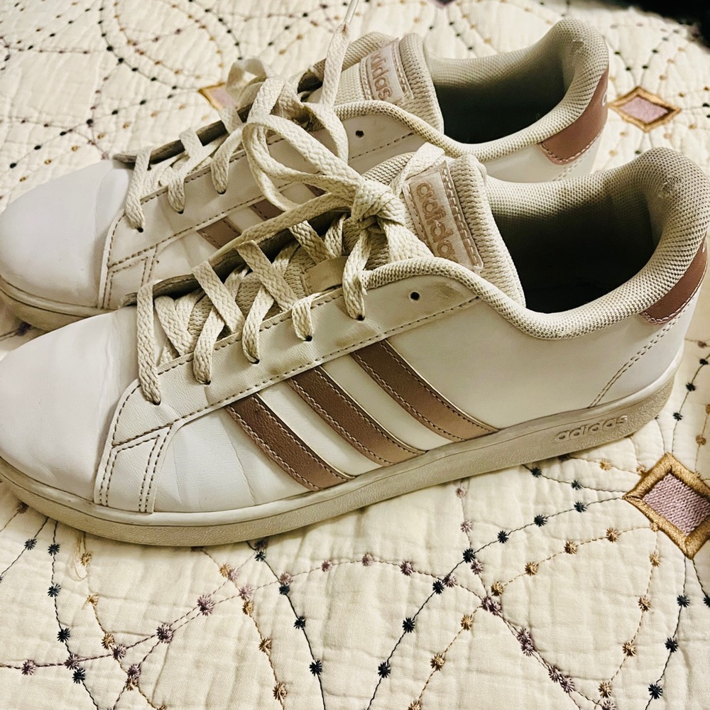 Adidas Youth White and Rose Gold/Tan Sneakers